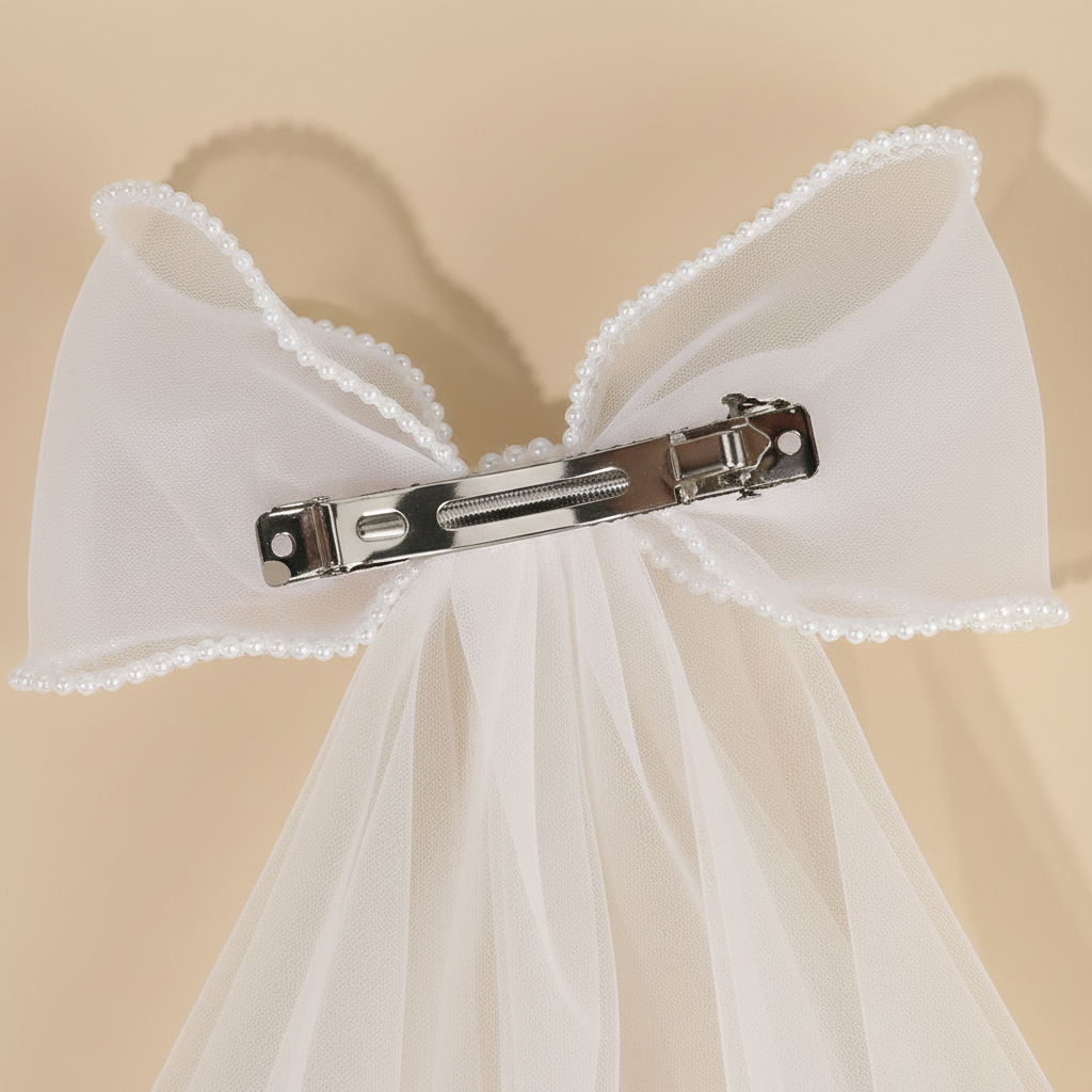 White tulle bow hair clip with pearl trim and metal barrette clasp