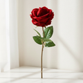 Red velvet rose ring box, standing stem with attached green leaves