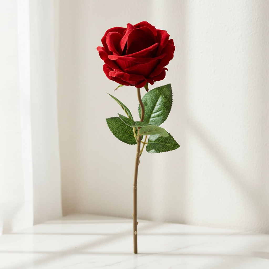 Red velvet rose ring box, standing stem with attached green leaves