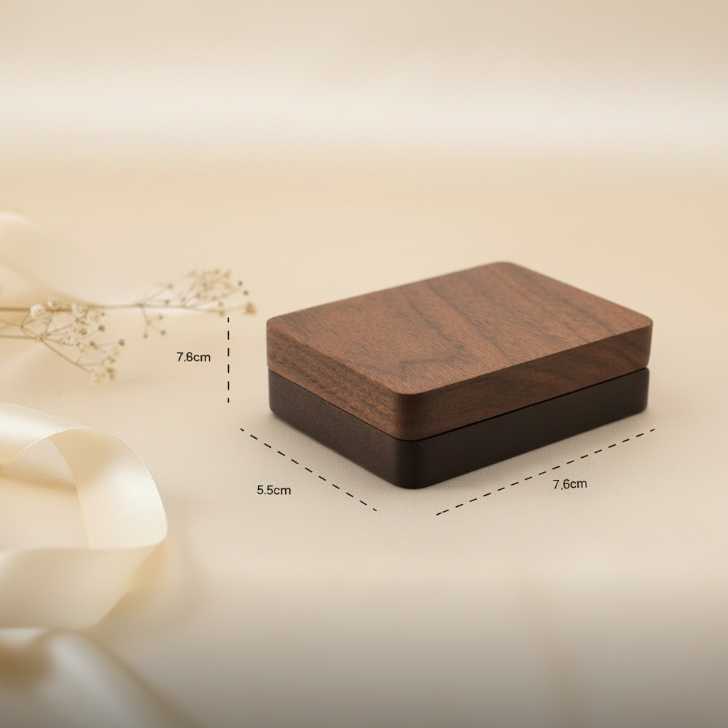 FOREVER wooden ring box, top view with size labels 7.6cm and 5.5cm