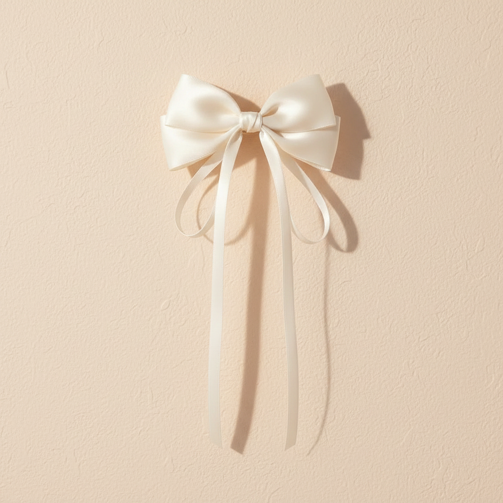 Off-white satin bow hair clip with long ribbon tails