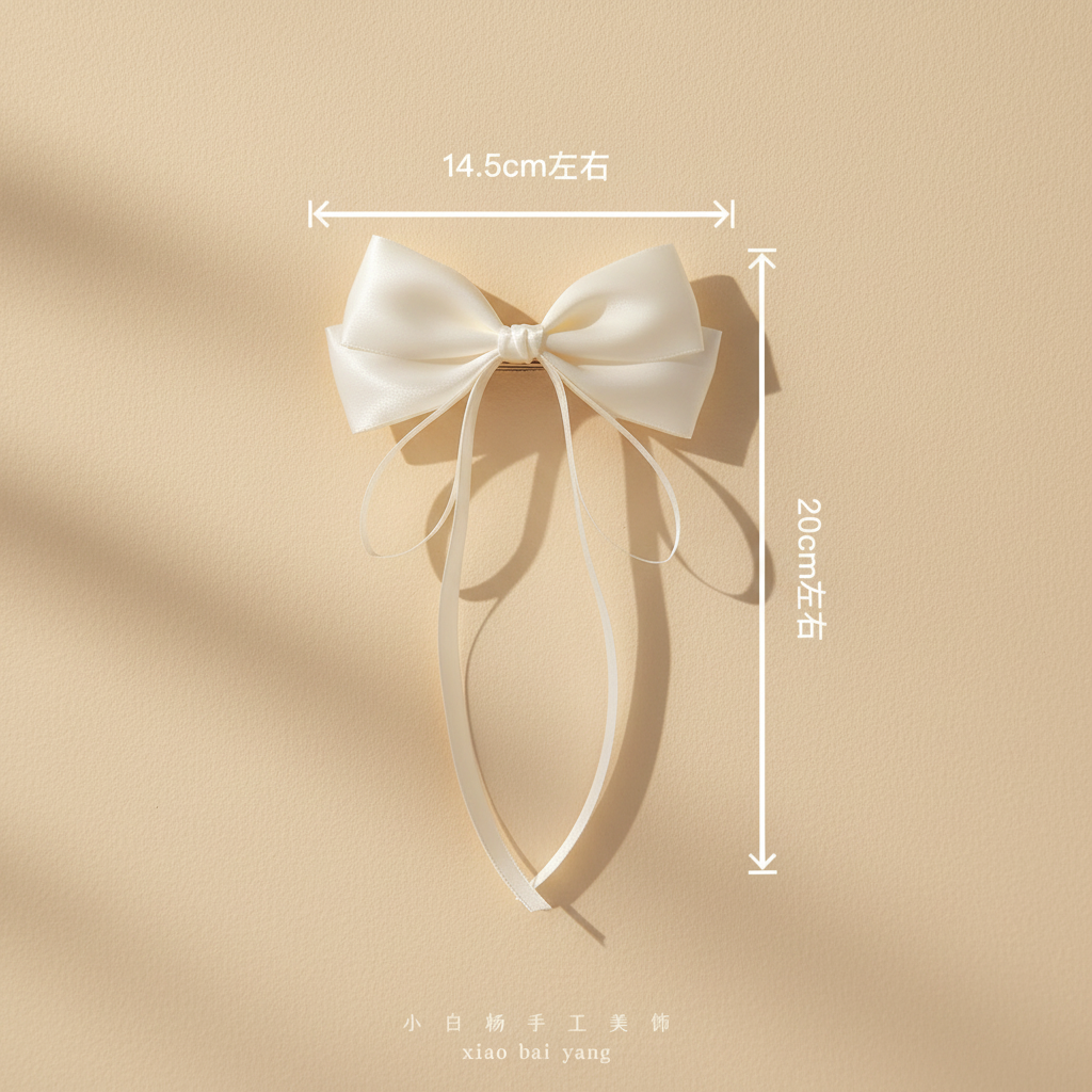 Off-white satin bow hair clip with ribbon tails; about 14.5cm wide, 20cm long