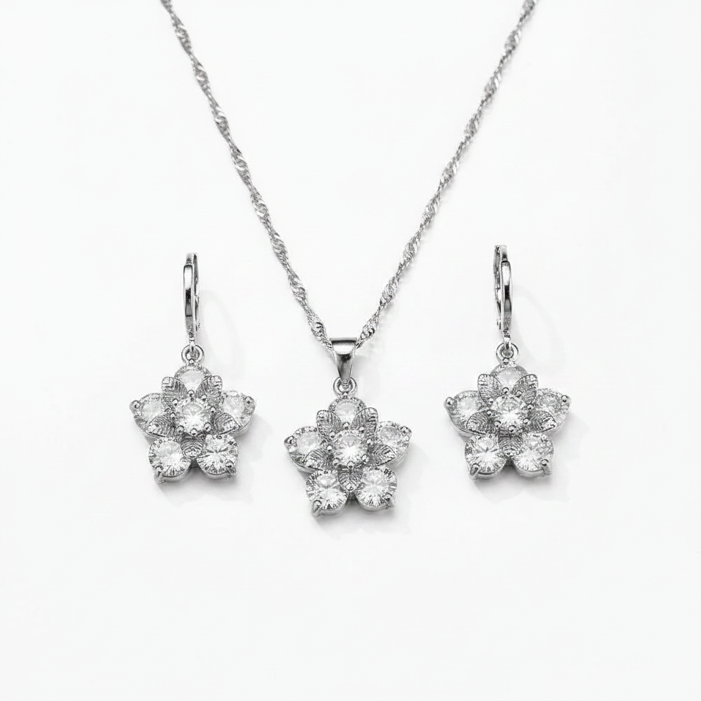 Sterling silver crystal flower necklace with matching flower dangle earrings set