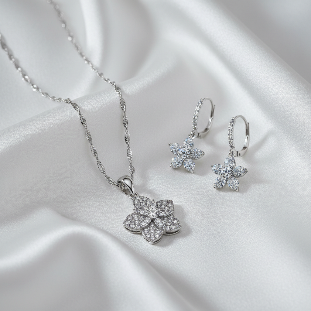 Sterling silver crystal flower necklace with bow pendant and flower drop earrings