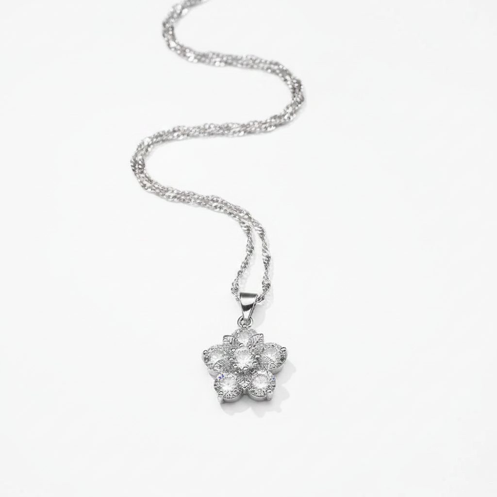 Sterling silver crystal flower necklace with long chain and cluster flower pendant
