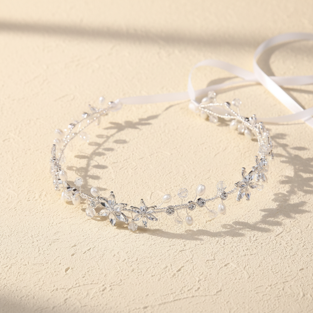 Silver rhinestone and pearl flower girl hair hoop with delicate chain halo