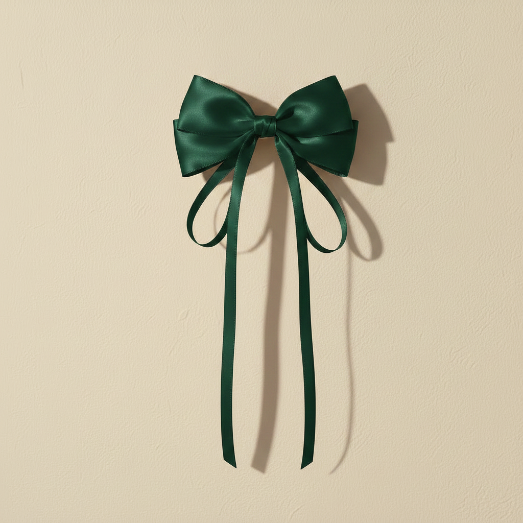 Satin bow hair clip with long ribbon tails, deep green satin bows.