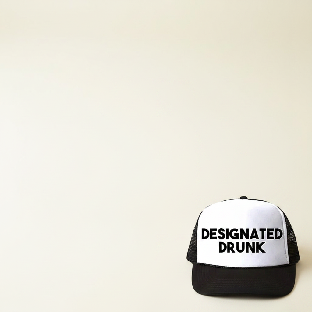 Black trucker cap with white front panel, 'DESIGNATED DRUNK' text