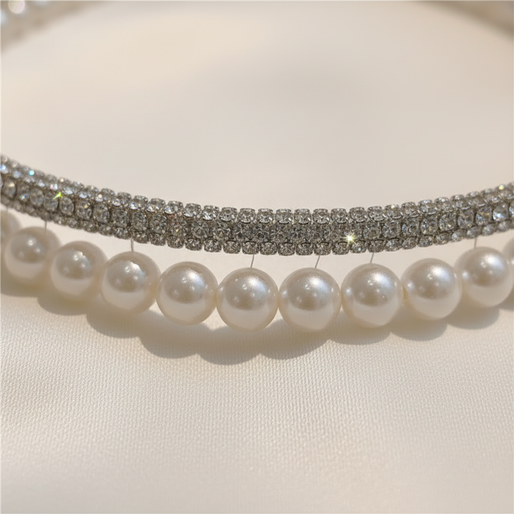 Close-up double-layer headband with clear rhinestones and white pearl fringe