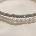 Close-up double-layer headband with clear rhinestones and white pearl fringe