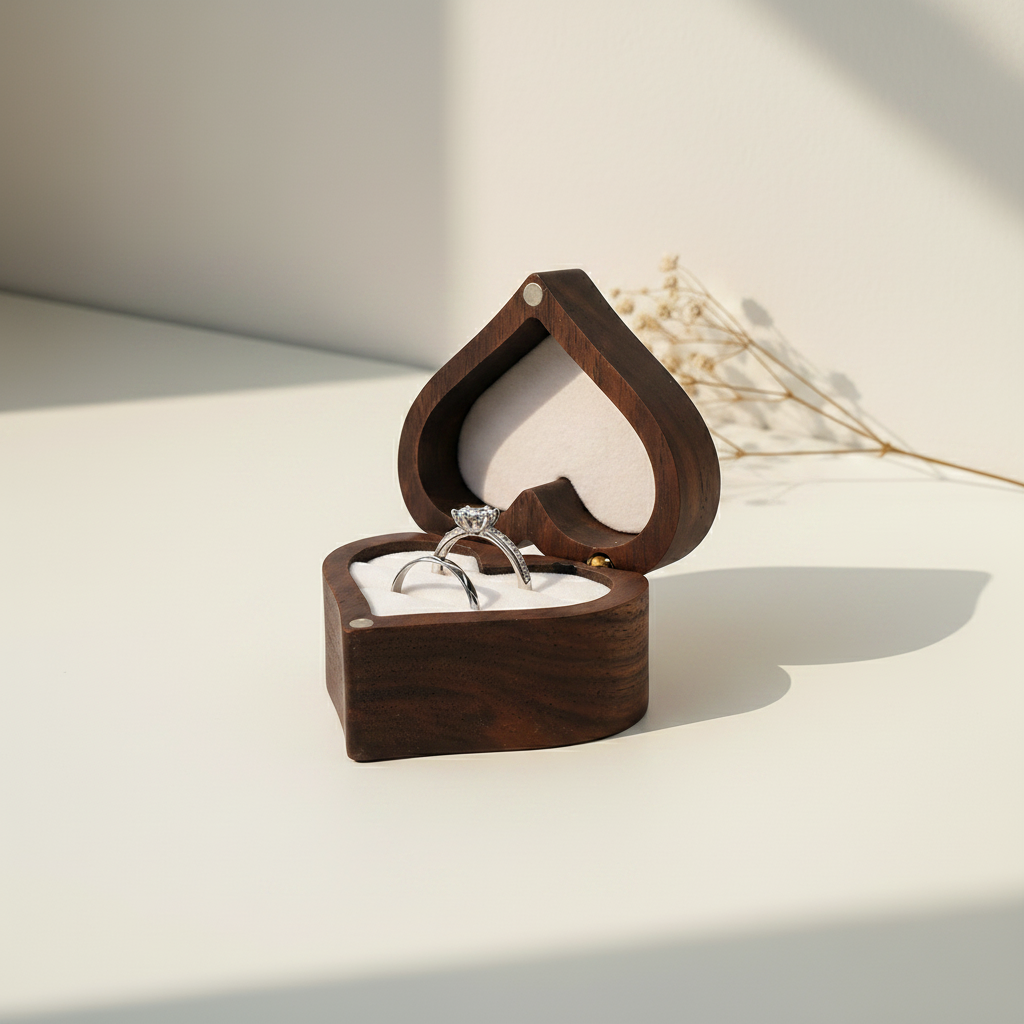 Walnut heart ring box with lid open, two rings displayed on white cushion