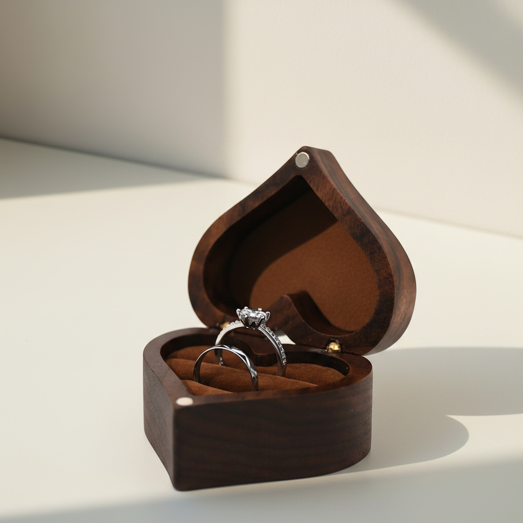 Walnut heart ring box with lid open, two silver rings on brown cushion