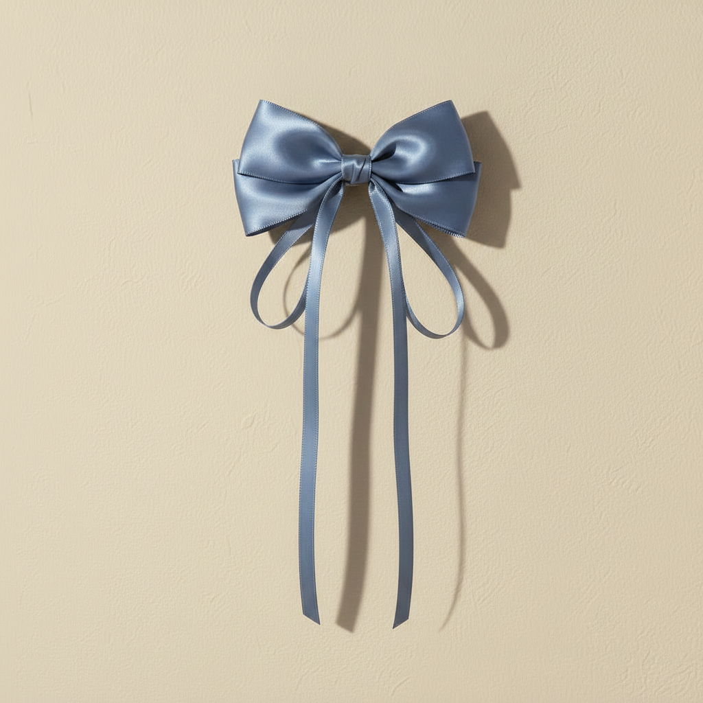Satin bow hair clip with long ribbon tails, slate blue satin ribbon accents.