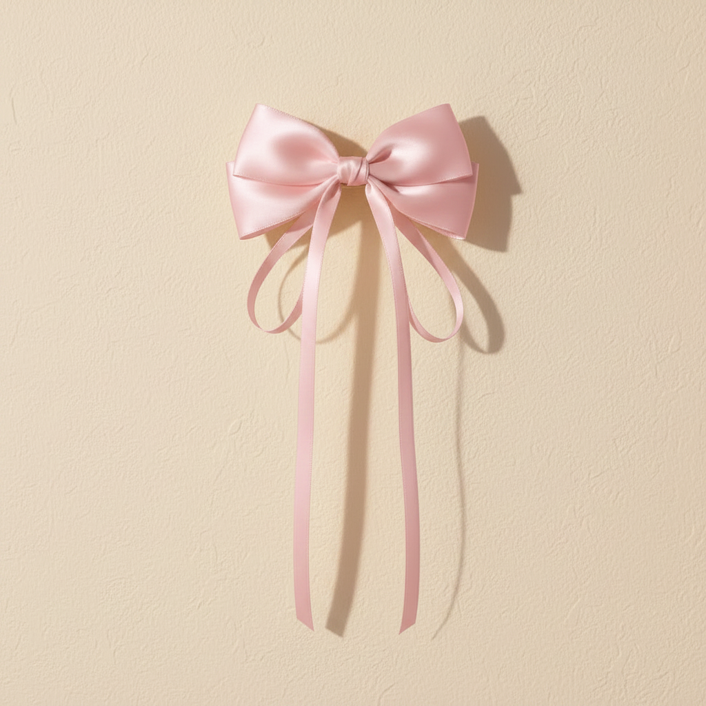 Light pink satin bow hair clip with long ribbon tails