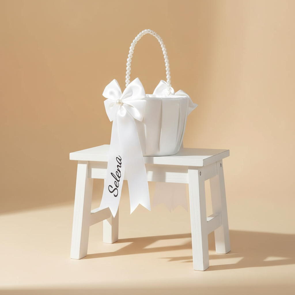 White satin flower basket with pearl handle and large bow, ribbon streamers attached