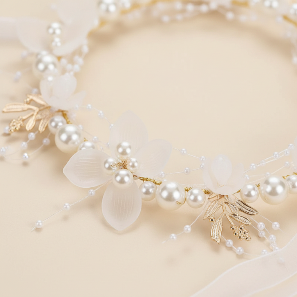 Close-up pearl flower crown headband with white petals, gold charms, and dangling beads