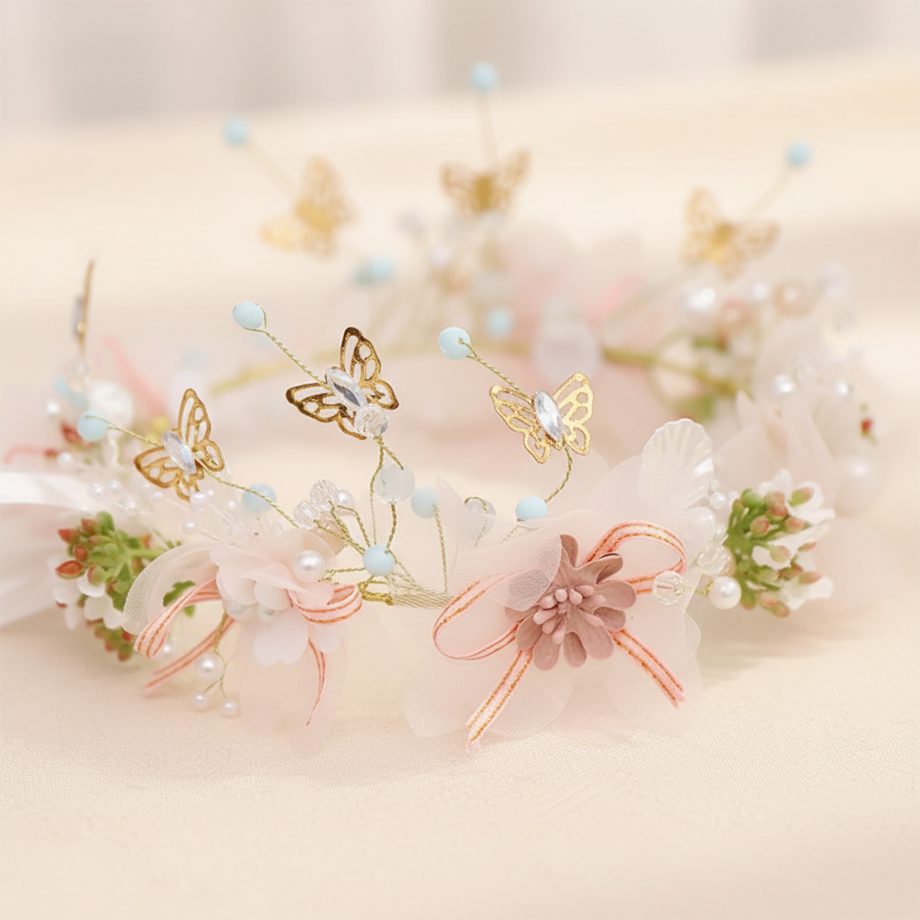 Floral crown headband with soft pastel blooms, gold butterfly accents, pearls, and ribbon details