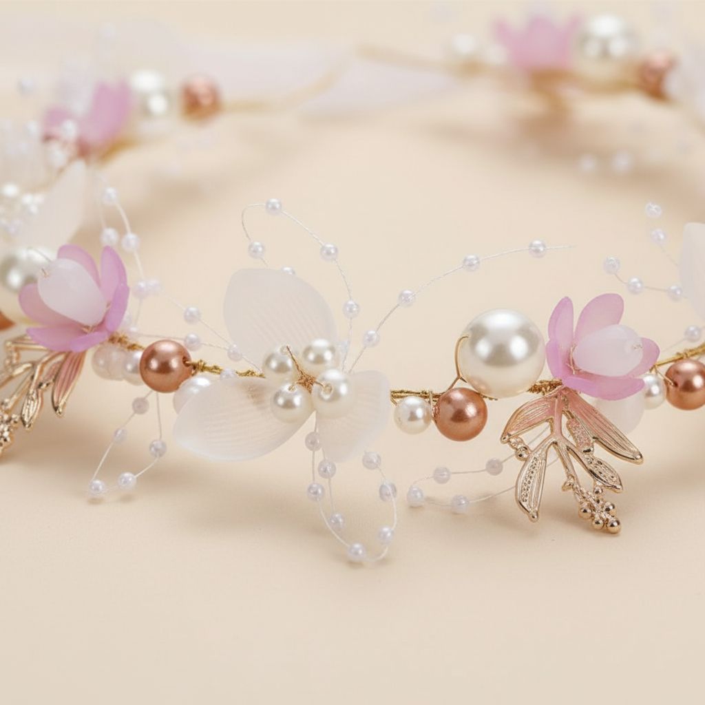 Close-up pearl flower crown headband with pink flowers, gold charms, and soft ribbon