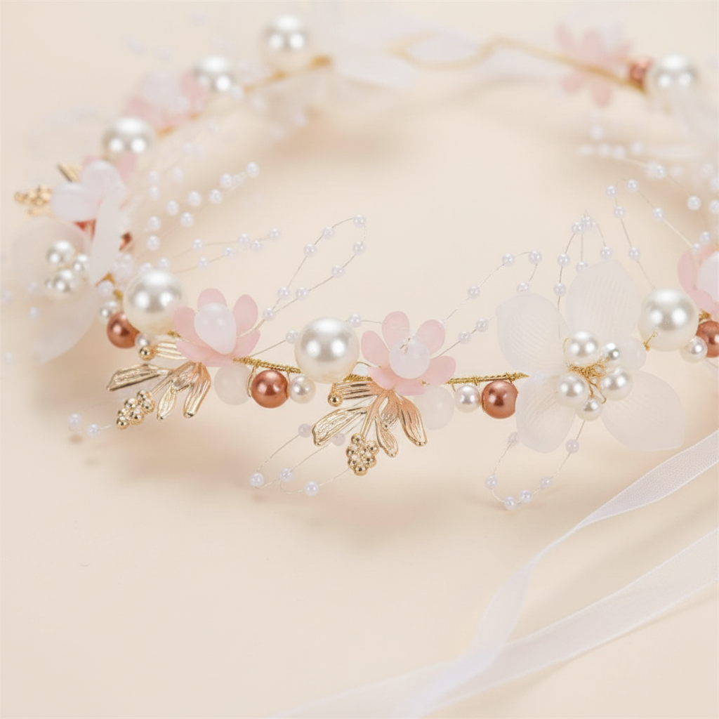 Pearl flower crown headband with pink petals, gold charms, and beaded wire accents
