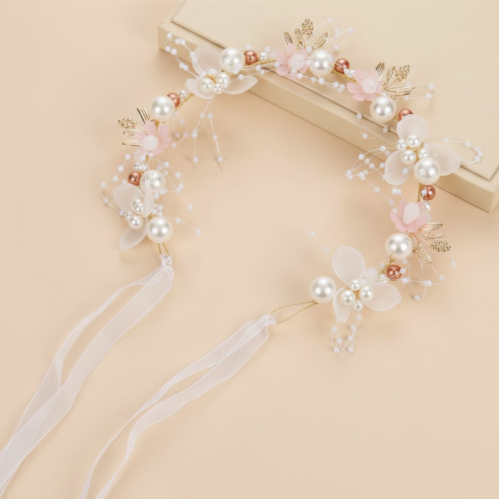 Pearl and gold flower crown headband with white blossoms and long beaded strands