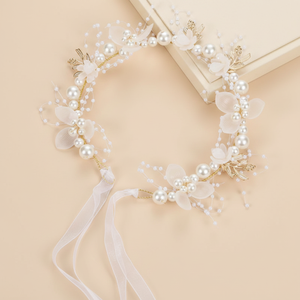 Pearl and gold flower crown headband with white blossoms, beadwork, and ribbon ties