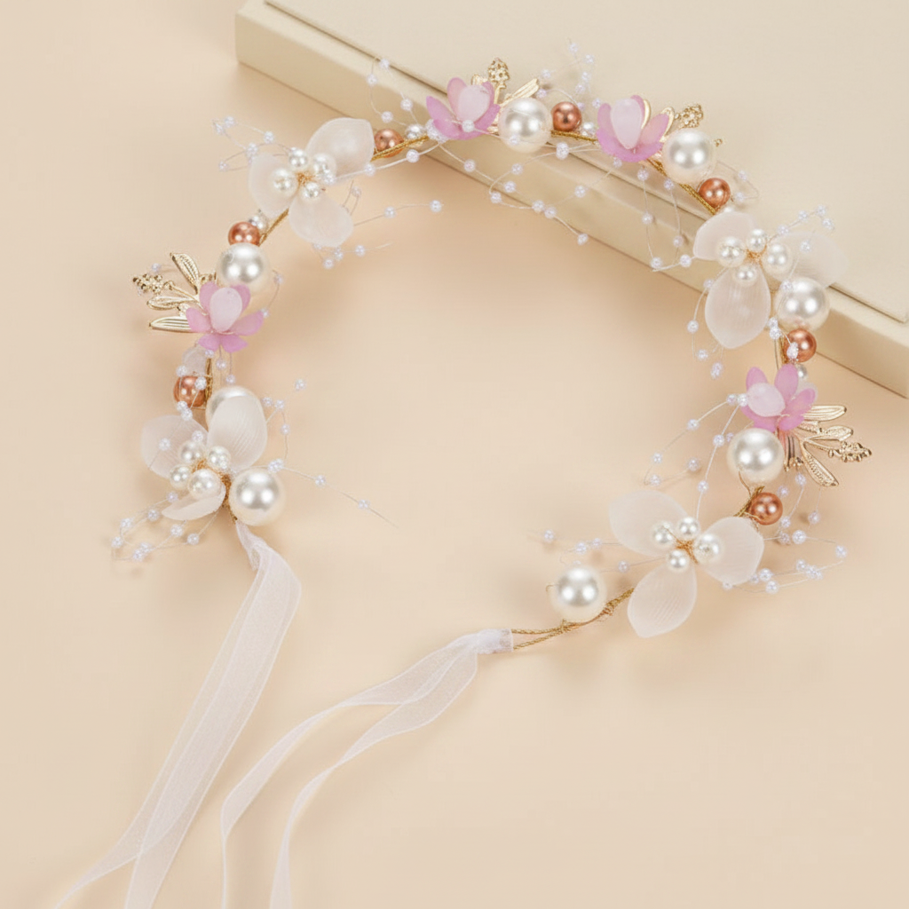 Pearl and gold flower crown headband with pink blossoms, beaded wire, and ribbon streamers