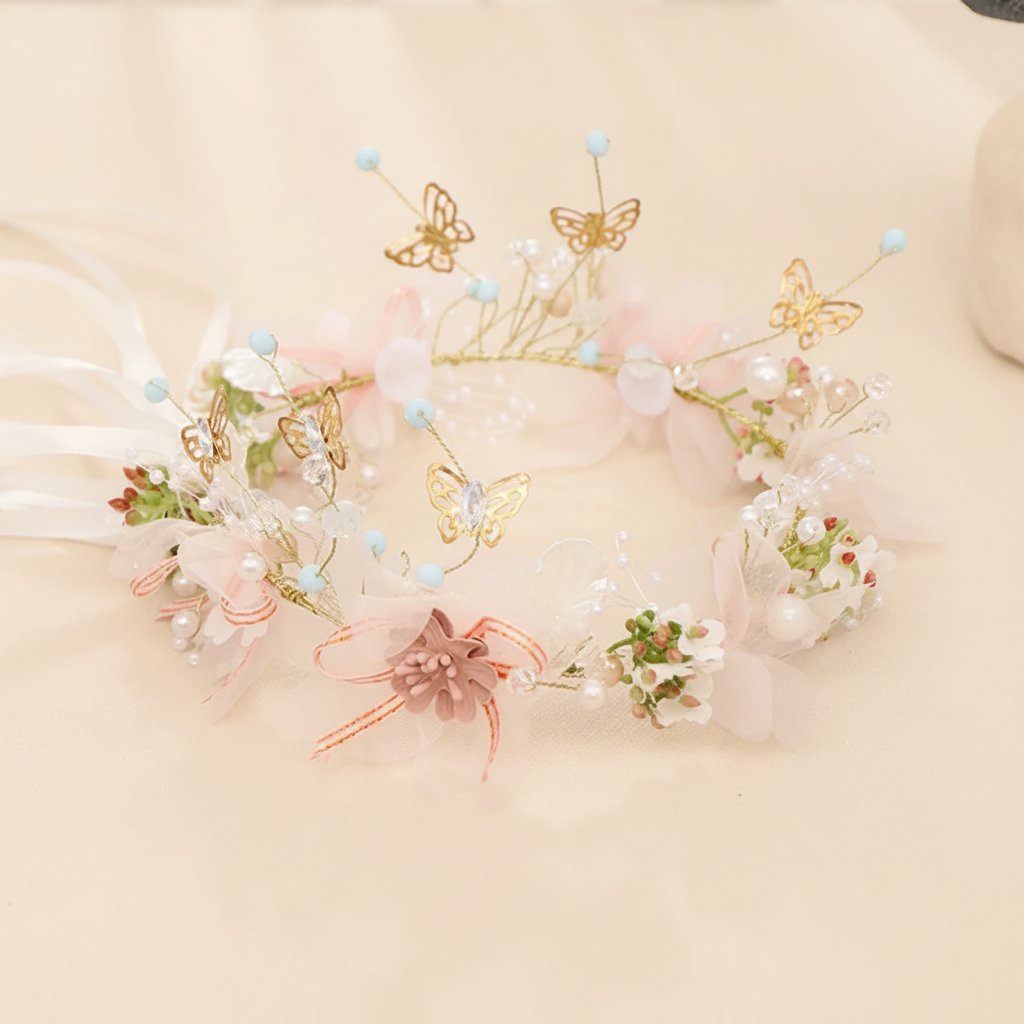 Floral headband with gold butterflies, pastel blossoms, pearl-like beads, and light blue accents