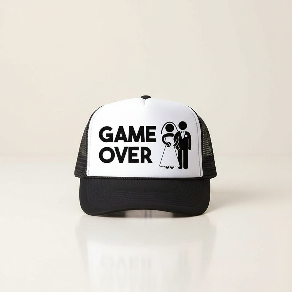 Black trucker cap with white front panel, 'GAME OVER' graphic and icons