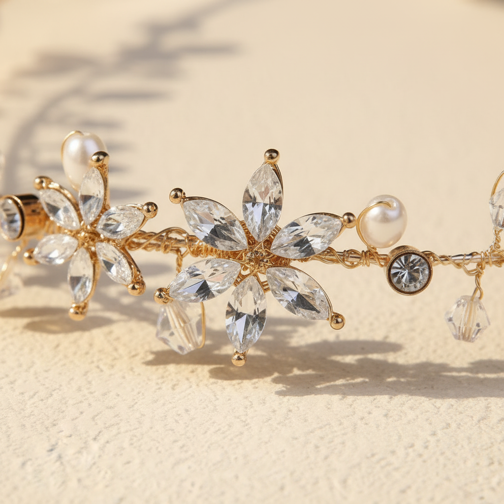 Golden rhinestone and pearl flower hair hoop with dangling crystal and bead charms