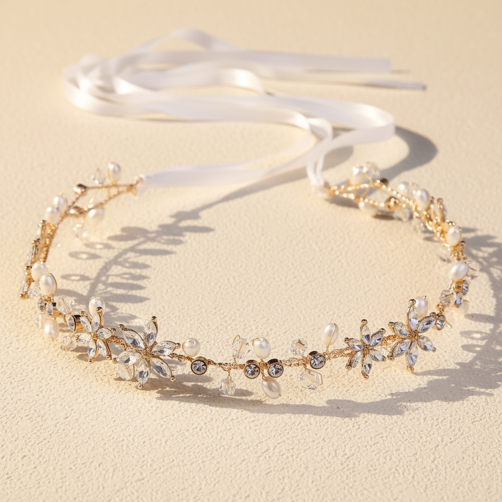 Gold-tone rhinestone and pearl flower hair hoop with ribbon tie