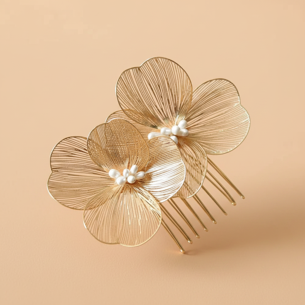 Golden filigree double-blossom hair comb with 3 flowers and pearl bead accents