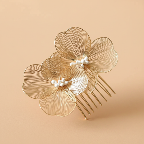 Golden filigree double-blossom hair comb with 3 flowers and pearl bead accents