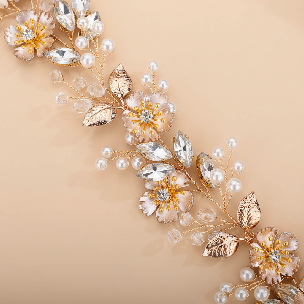 Gold-toned floral hair vine with pearls, crystal petals, and leaf filigree