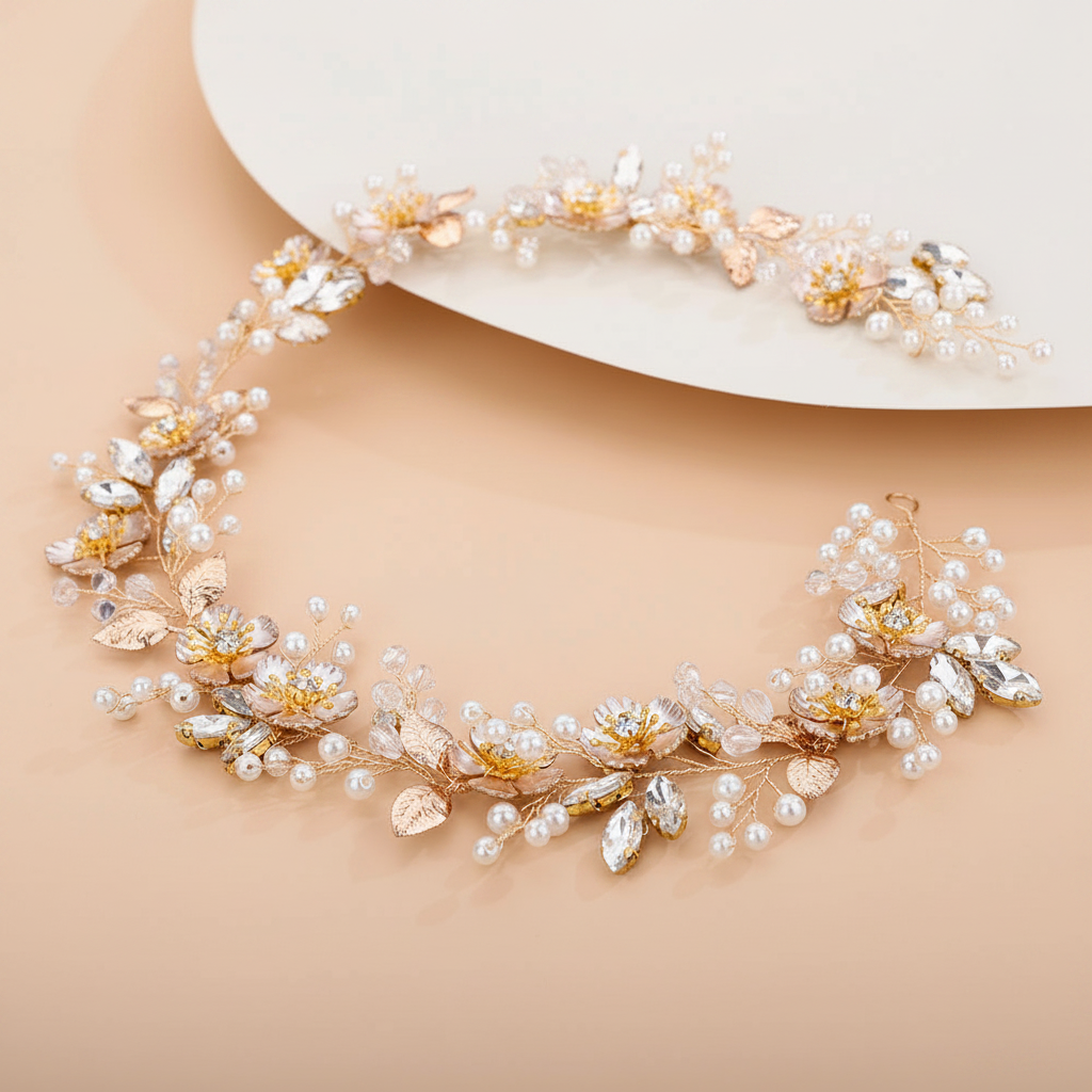 Silver floral hair vine with pearl clusters and faceted crystal flower accents