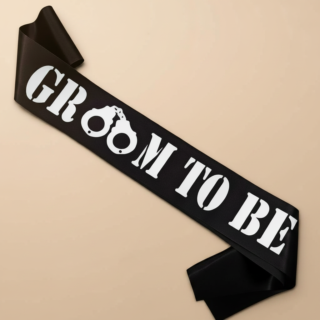 Black groom-to-be sash with white handcuff graphic and bold 'GROOM TO BE' lettering