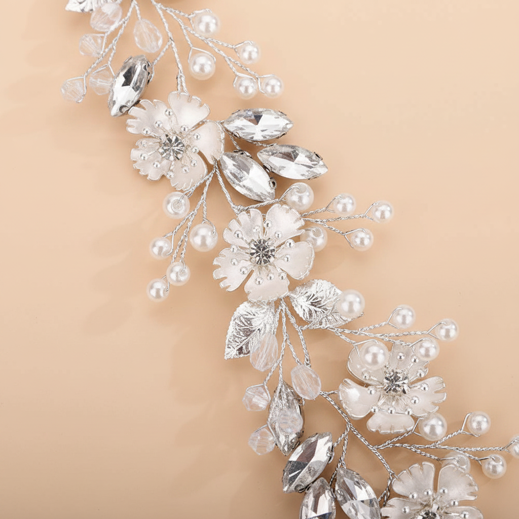 Silver-toned floral hair vine detail with pearls, faceted crystals, and drops