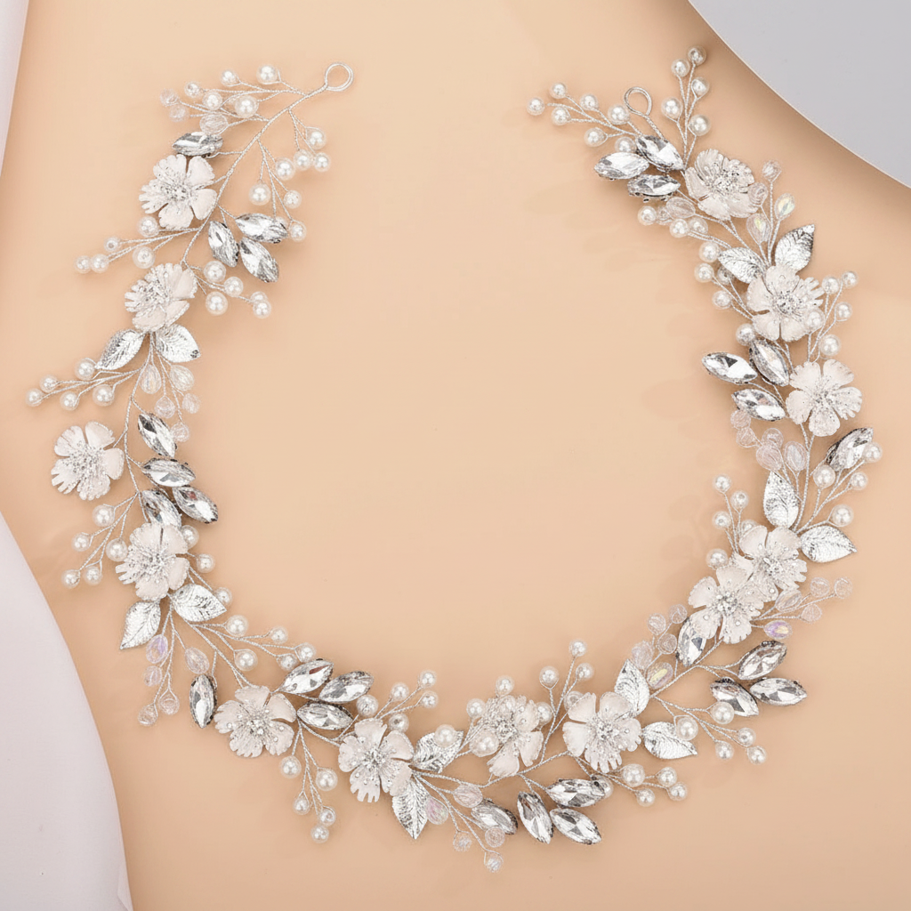 Silver pearl and crystal floral hair vine crown with leaf and flower accents