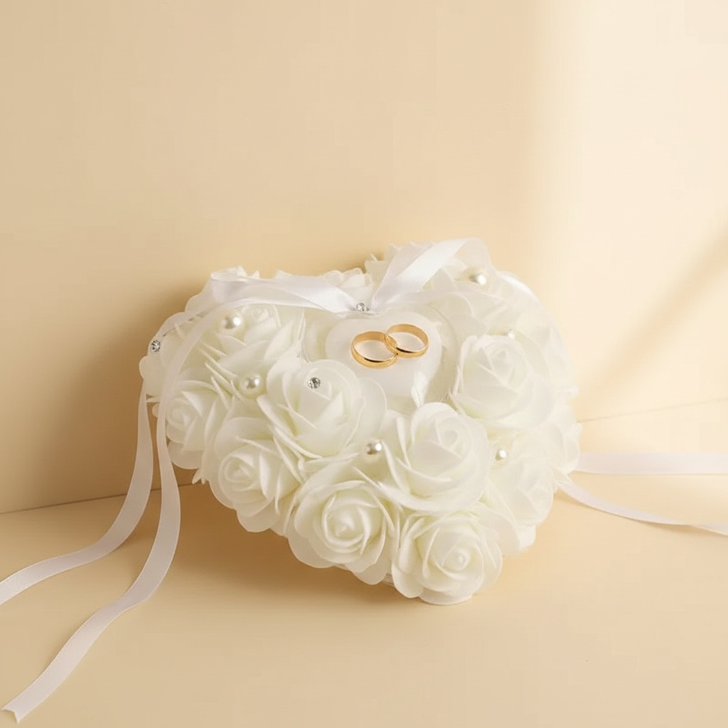 White heart-shaped rose ring bearer pillow with pearl accents and satin ribbons