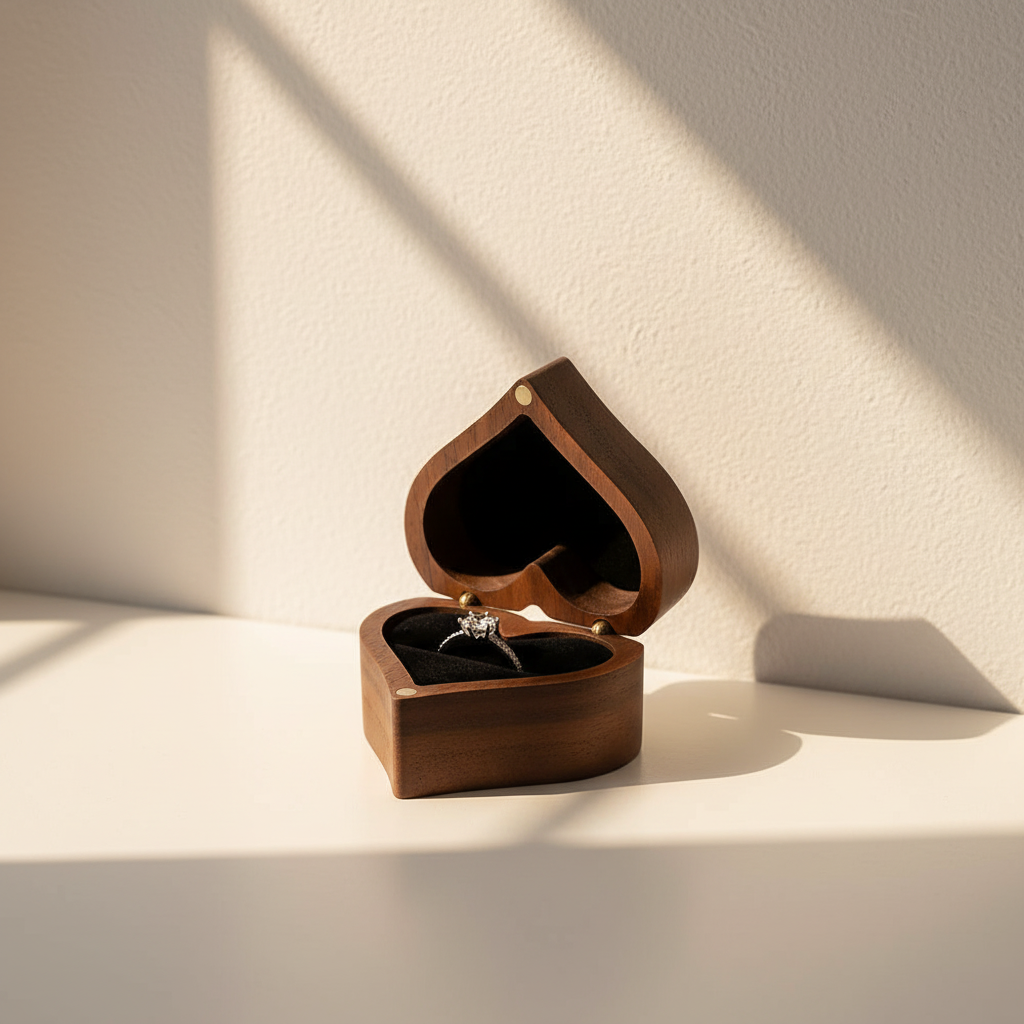 Walnut heart ring box with lid open, dark interior and ring cushion