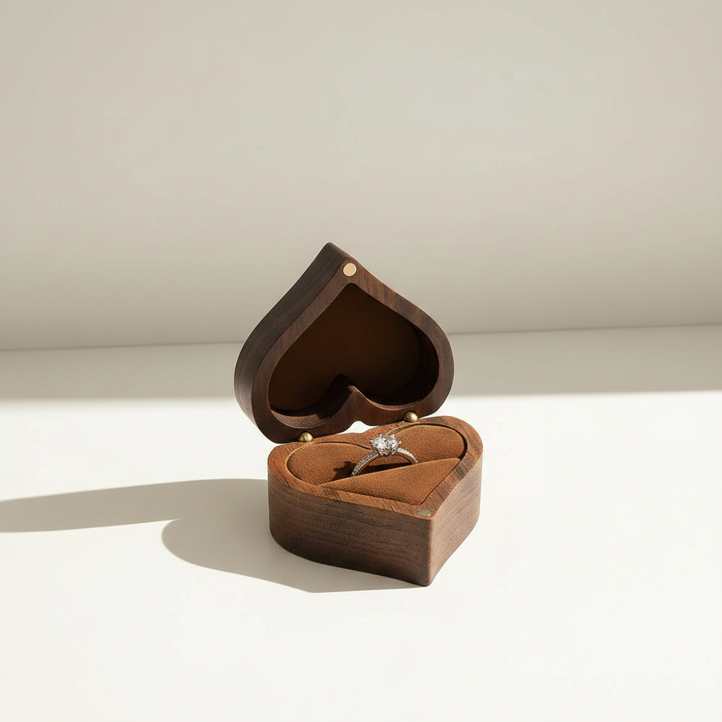 Walnut heart ring box with lid open, ring on tan cushion