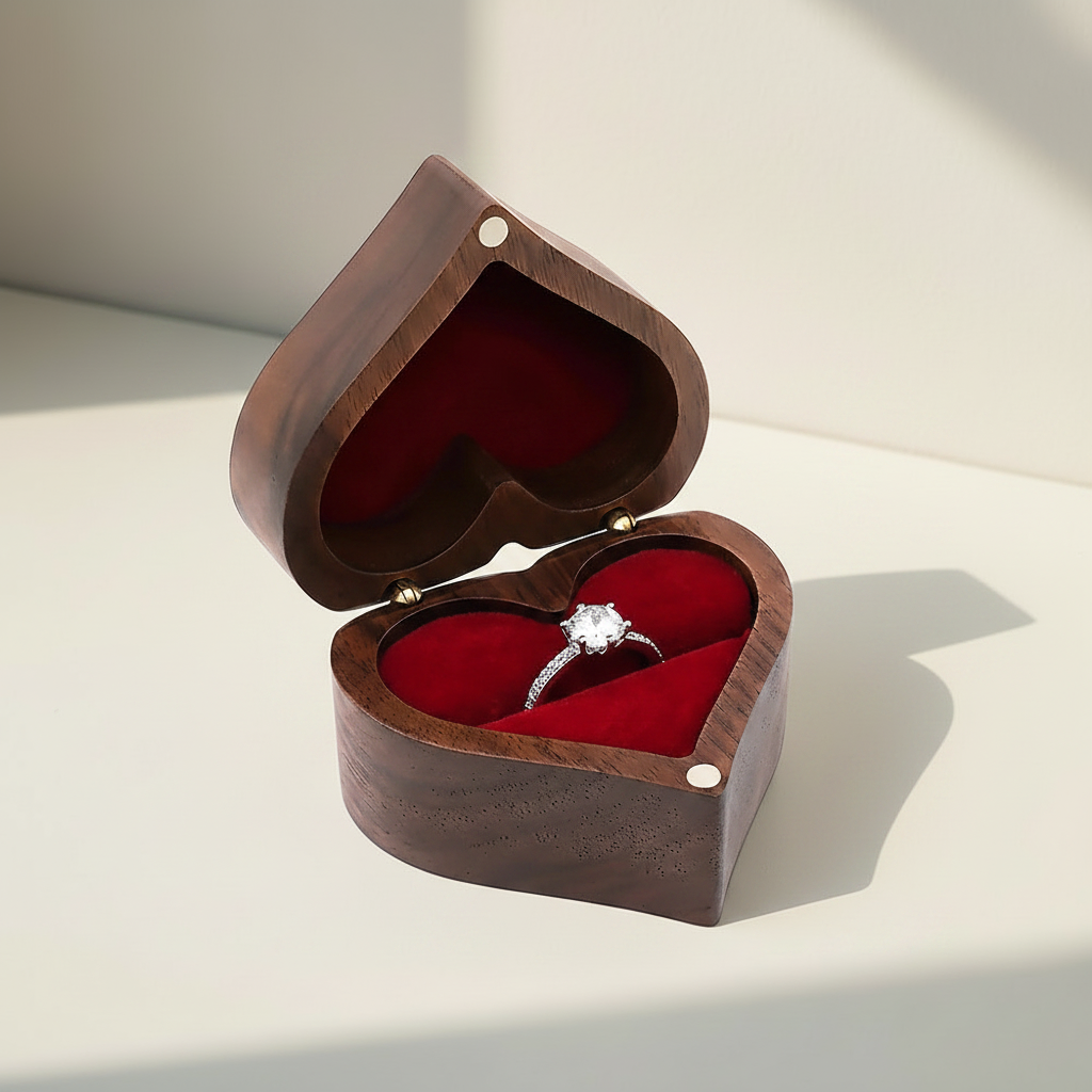 Walnut heart ring box with lid open, red velvet cushion and diamond ring