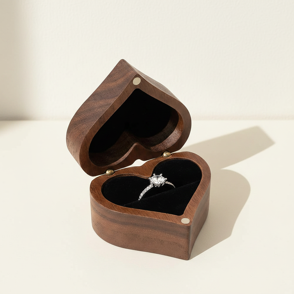 Walnut heart ring box with lid open, black velvet cushion and diamond ring