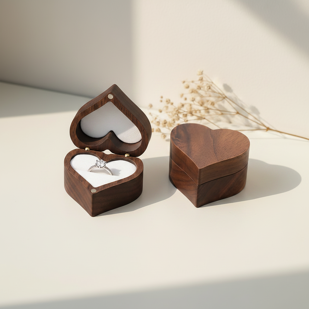 Walnut heart ring box with lid open, white cushion and diamond-style ring