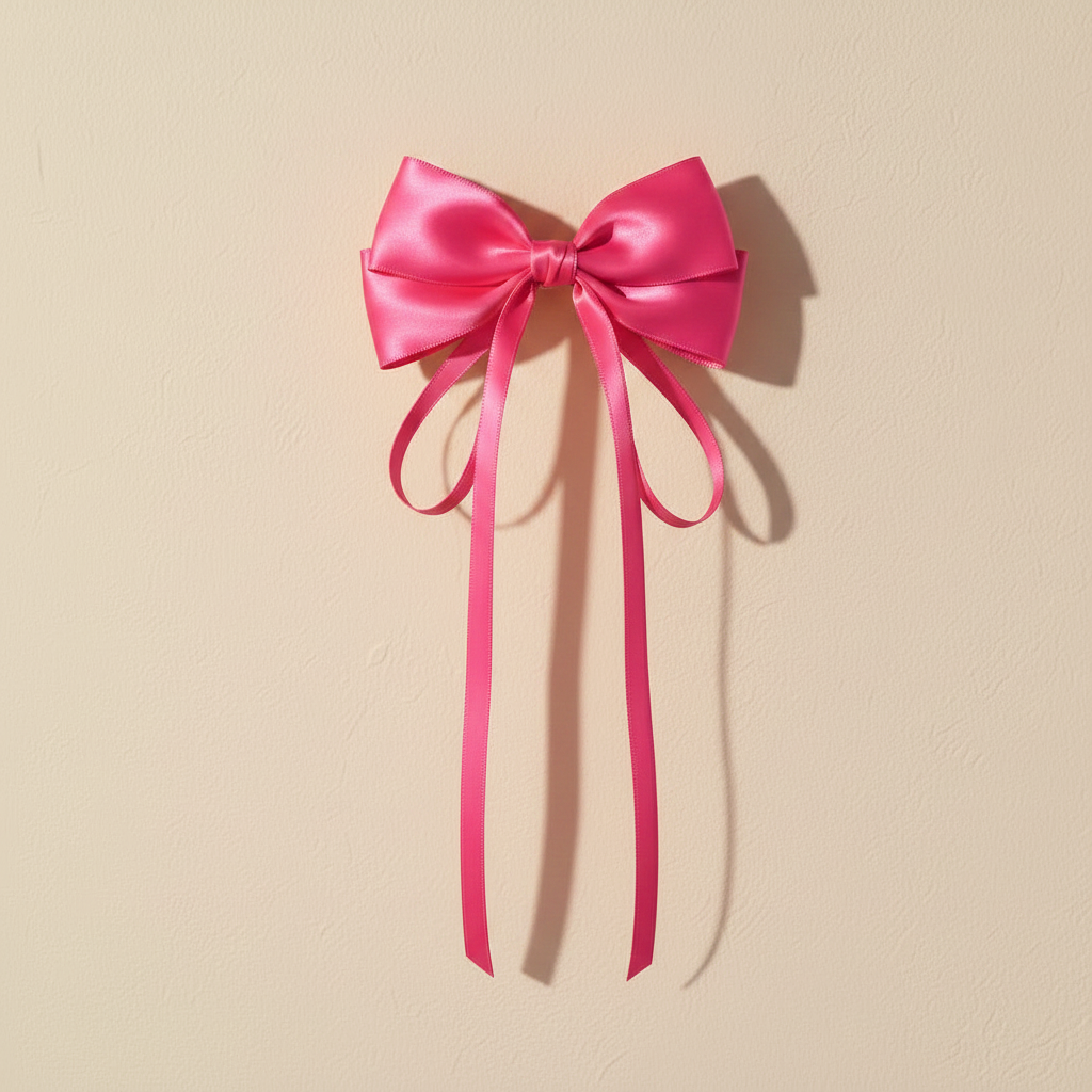 Satin bow hair clip with long ribbon tails, bright pink satin ribbons.