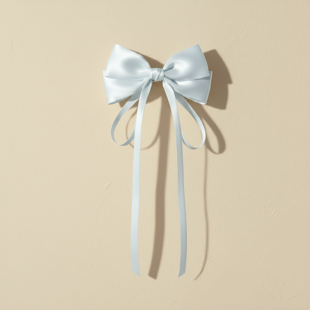Satin bow hair clip with long ribbon tails, off-white, bow and dangling strands