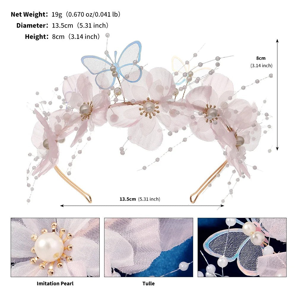 Pink flower girl headband tiara size diagram with tulle flowers, pearls, gold-tone wire