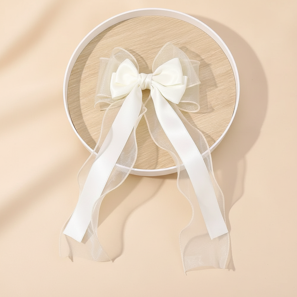 White chiffon bow hair clip with long ribbon tails and sheer bow layers