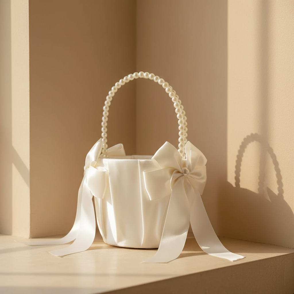 Ivory satin flower girl basket with pearl beaded handle and bow, ribbon streamers hanging