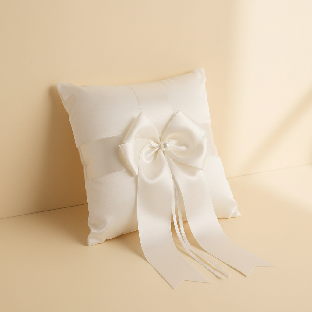 Ivory satin ring bearer pillow with centered bow rosette and trailing ribbon streamers