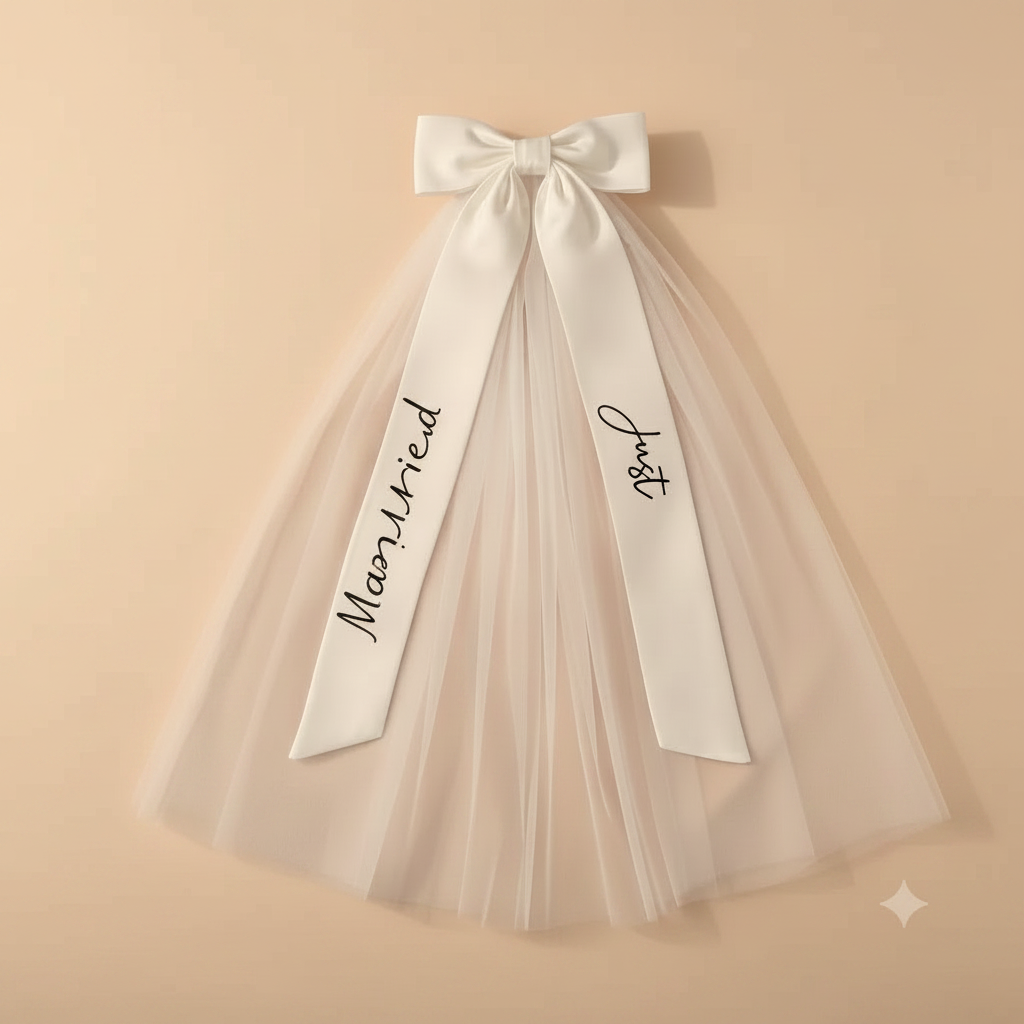 White bridal bow veil with layered tulle and printed script lettering on ribbon streamers
